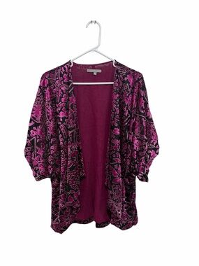NY Collection Floral Velvet Open-Front Kimono - Black & Magenta